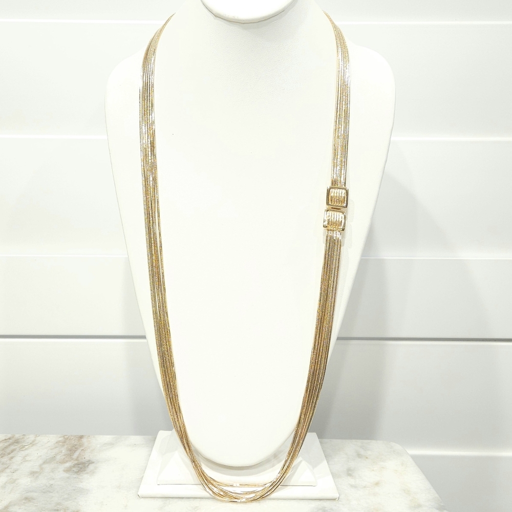 Givenchy Vintage Necklace Multi Chain Logo Belt Buckle Accent Gold Tone 35" Long - Picture 15 of 16
